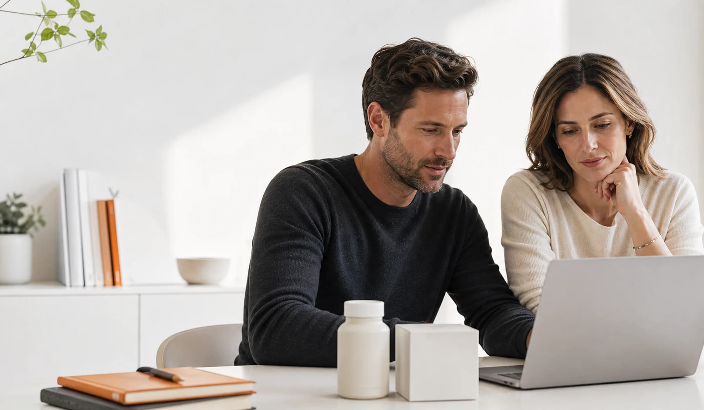 Adults comparing nootropic options at a bright desk with neutral product packaging
