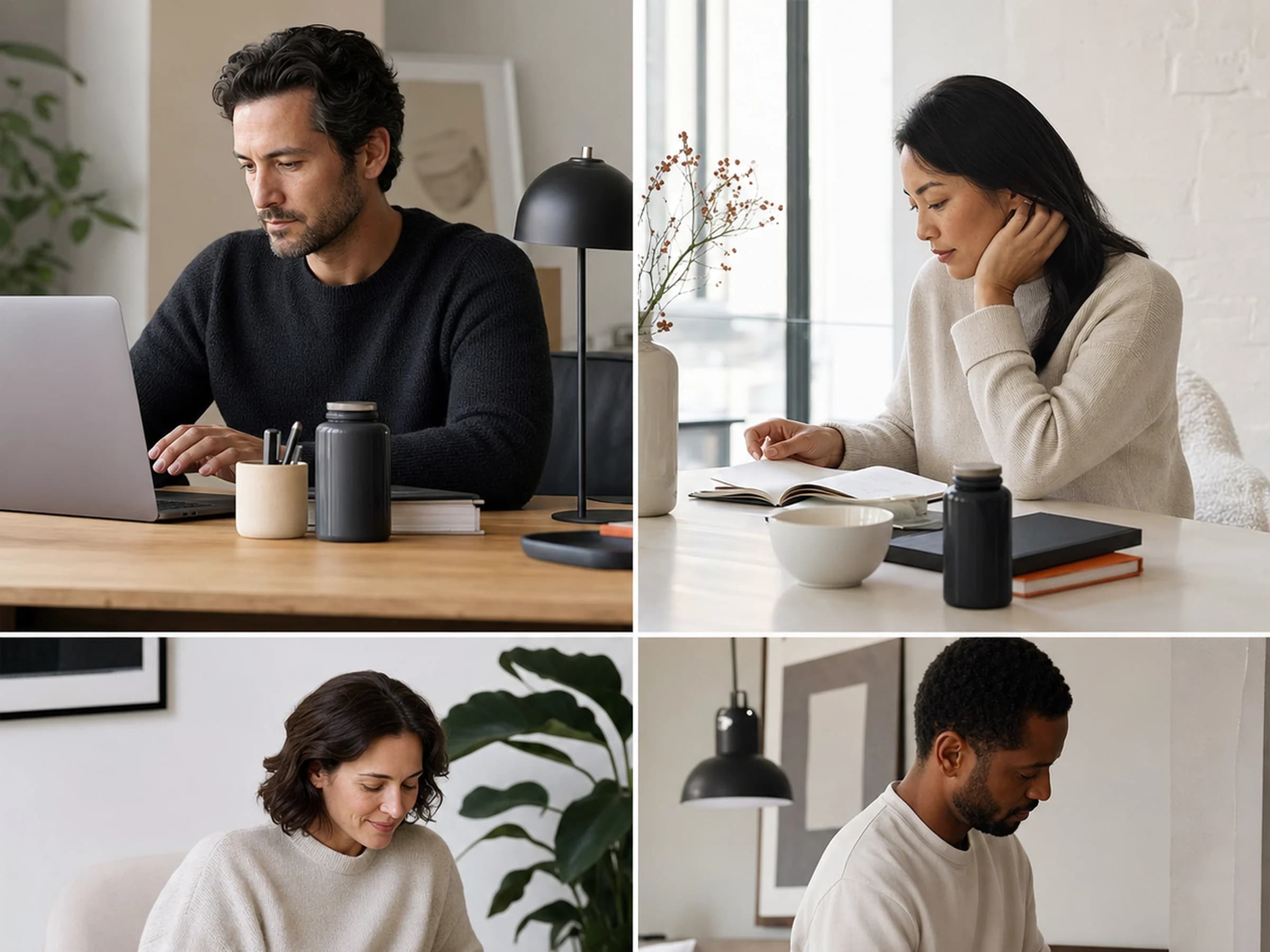 Adults moving through focus, calm, and evening routine moments with neutral product packaging