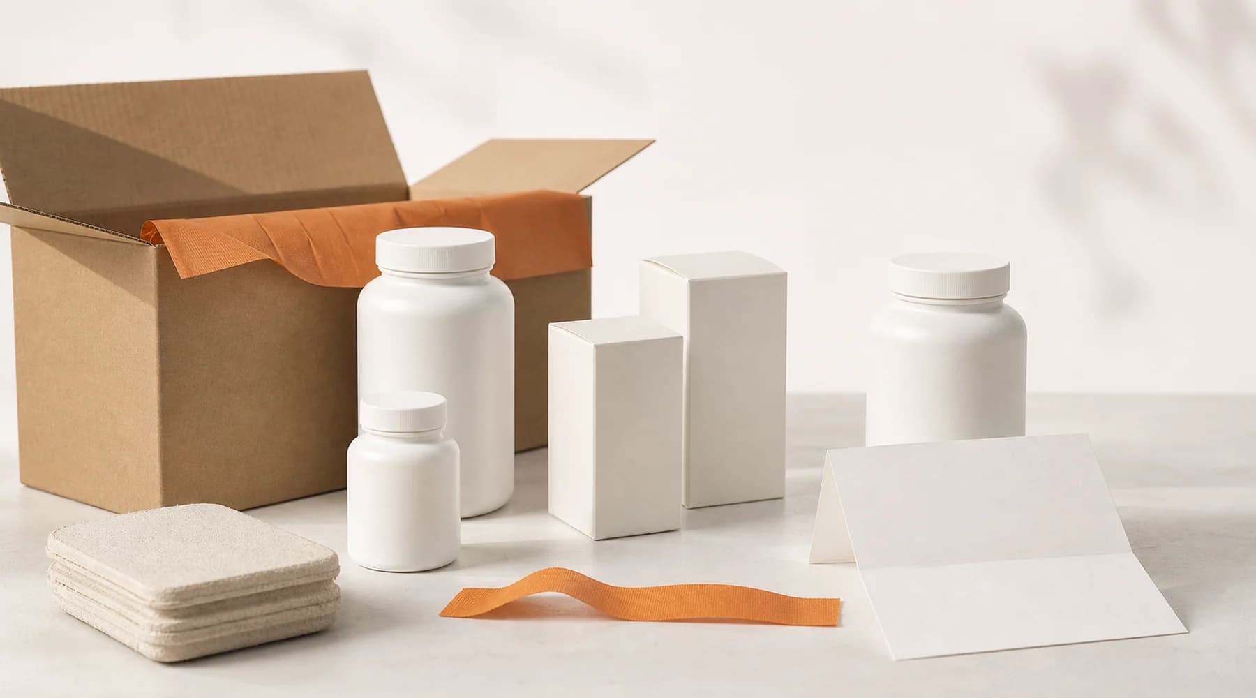 Neutral supplement bottles, packaging, and shipping materials on a warm white surface